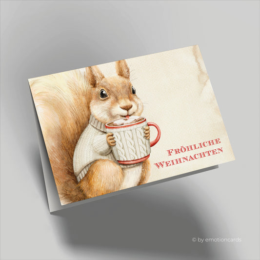 Weihnachtskarte | Süßes Eichhörnchen mit heißer Schokolade