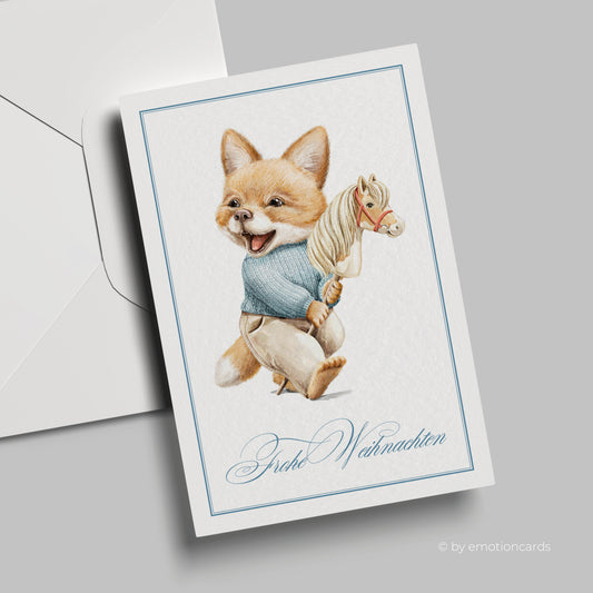 Weihnachtskarte | Süßer kleiner Fuchs mit Steckenpferd