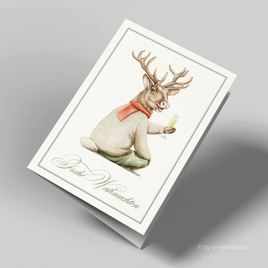 Weihnachtskarte | Lustiger Hirsch mit Prosecco