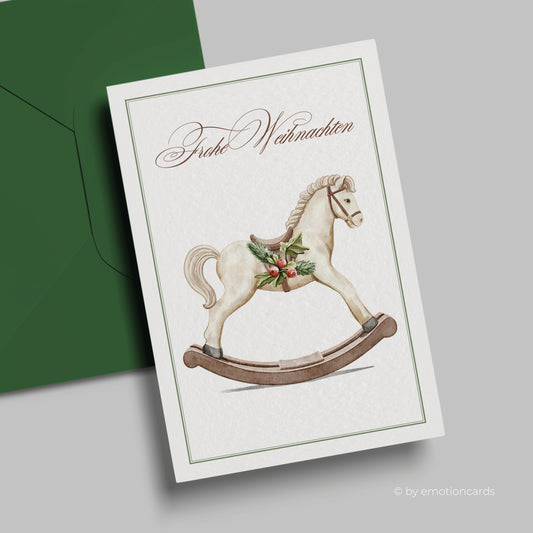 Weihnachtskarte | Antikes Holz-Schaukelpferd | Aquarell
