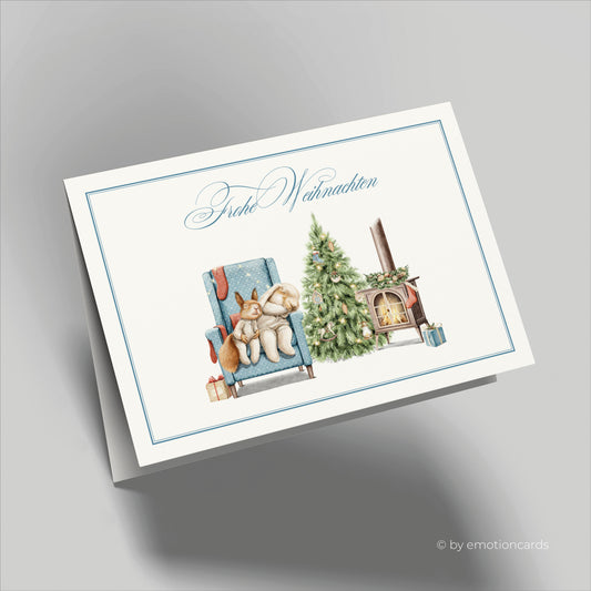 Weihnachtskarte | Schlafende Hasen am Kaminfeuer