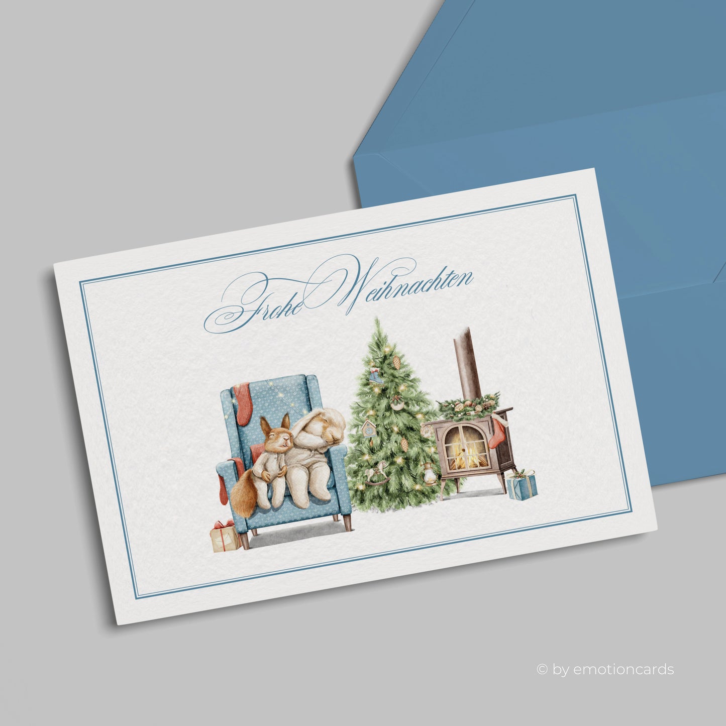 Weihnachtskarte | Schlafende Hasen am Kaminfeuer