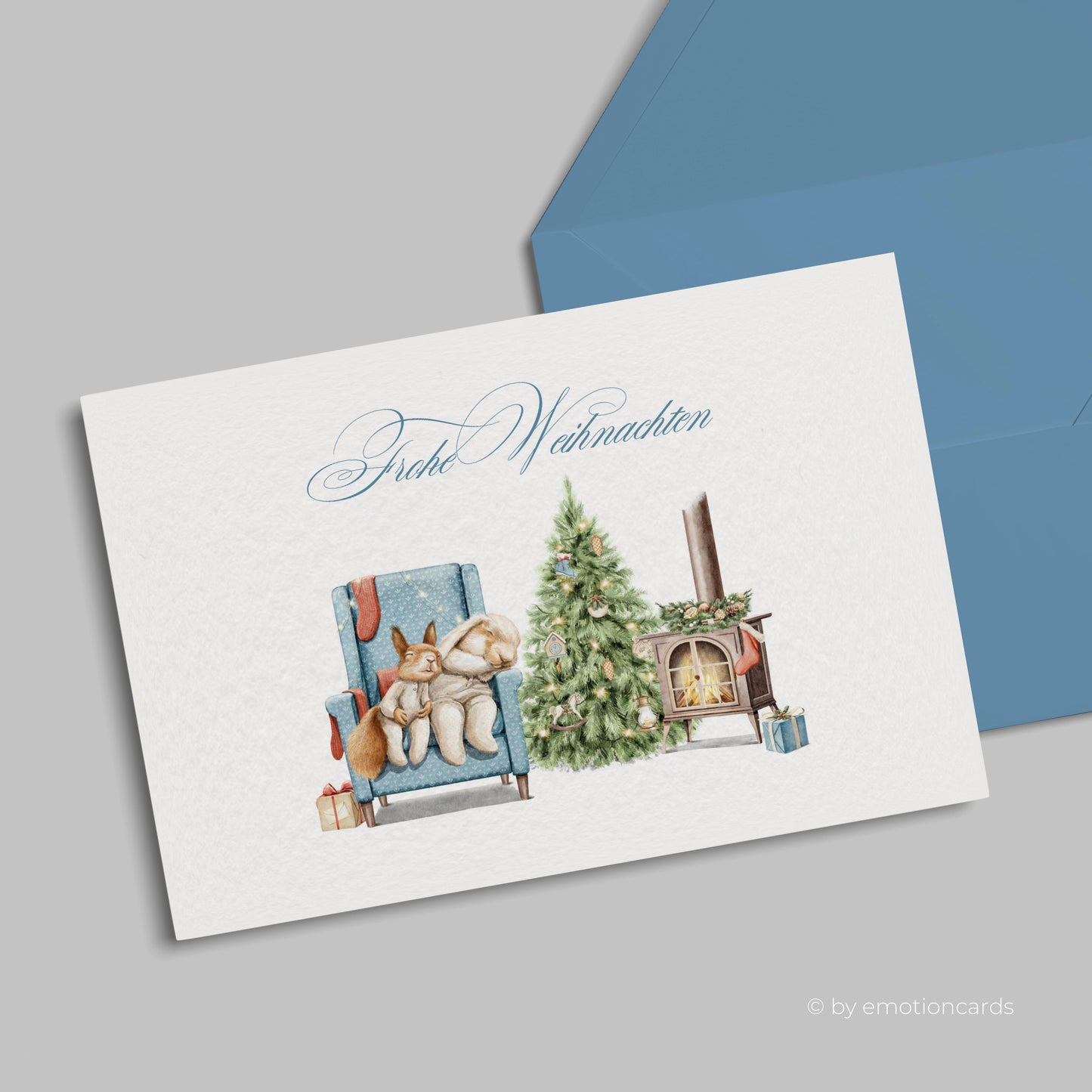Weihnachtskarte | Schlafende Hasen am Kaminfeuer
