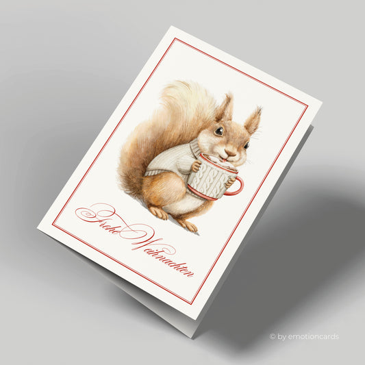 Weihnachtskarte | Süßes Eichhörnchen mit heißer Schokolade