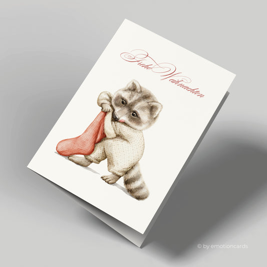 Weihnachtskarte | Süßer Waschbär mit Weihnachtssocke