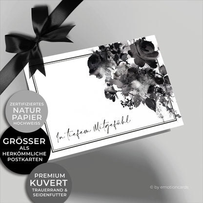 Emotionale Trauerkarte - Klappkarte im Querformat - mit schönen Aquarellrosen. Feiner eleganter Doppelrahmen um würdevoll Abschied zu nehmen von einem geliebten Menschen.