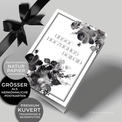 Emotionale Trauerkarte - Klappkarte im Hochformat - schwarzes Rosenaquarell. Feiner eleganter Doppelrahmen um würdevoll Abschied zu nehmen von einem geliebten Menschen.