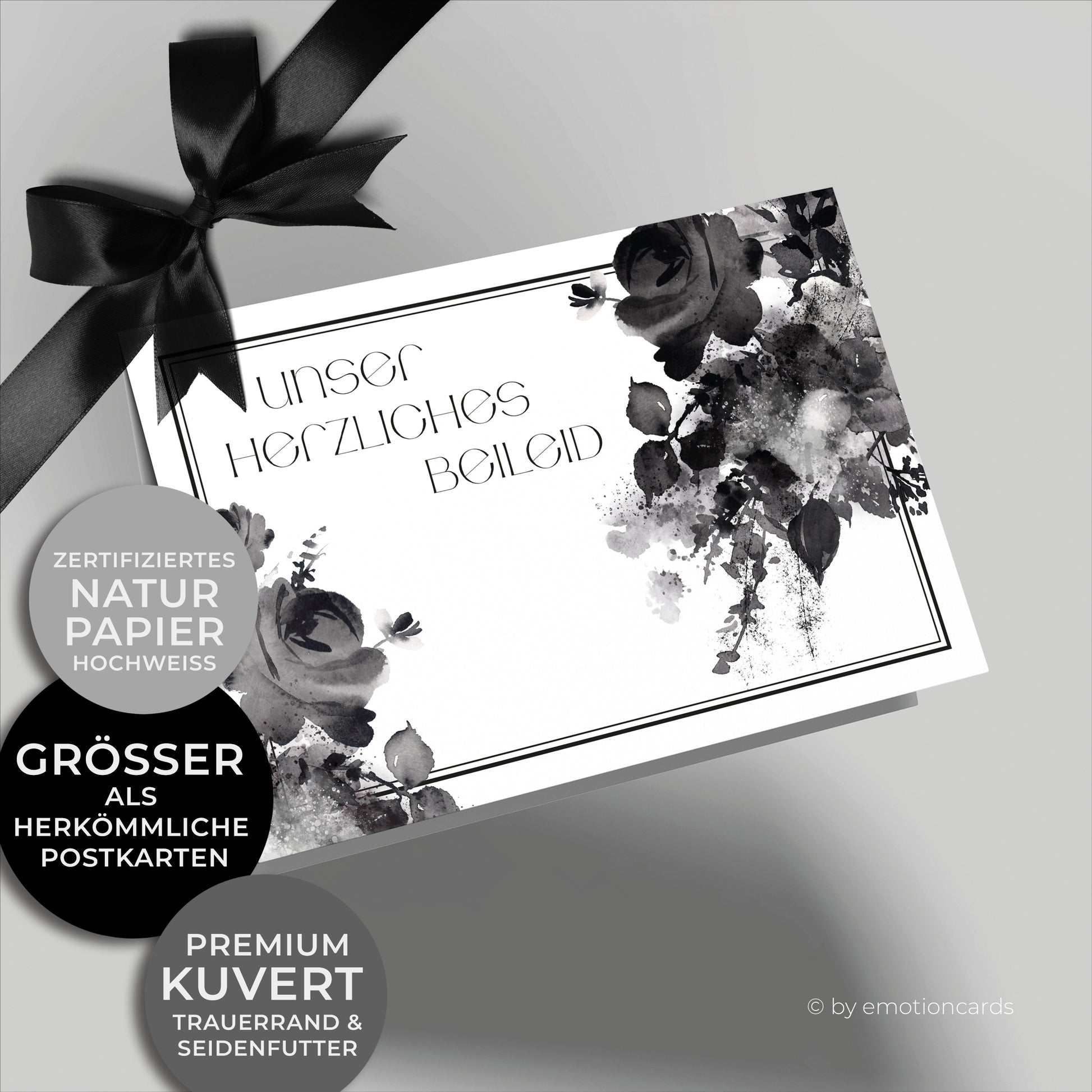 Emotionale Trauerkarte - Klappkarte im Querformat - mit schönen Aquarellrosen. Feiner eleganter Doppelrahmen um würdevoll Abschied zu nehmen von einem geliebten Menschen.