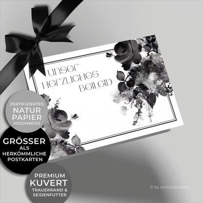 Emotionale Trauerkarte - Klappkarte im Querformat - mit schönen Aquarellrosen. Feiner eleganter Doppelrahmen um würdevoll Abschied zu nehmen von einem geliebten Menschen.