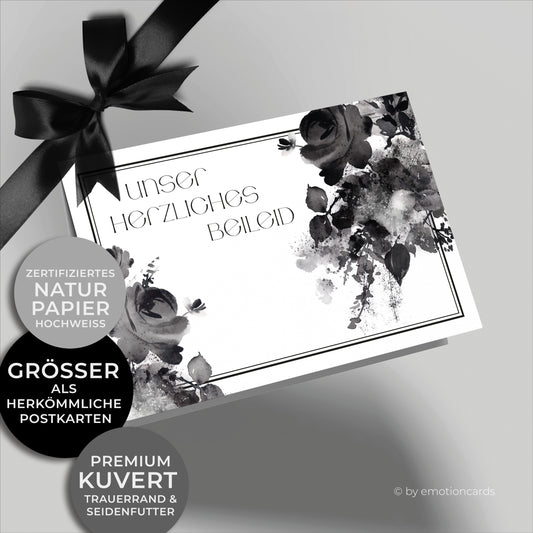 Emotionale Trauerkarte - Klappkarte im Querformat - mit schönen Aquarellrosen. Feiner eleganter Doppelrahmen um würdevoll Abschied zu nehmen von einem geliebten Menschen.