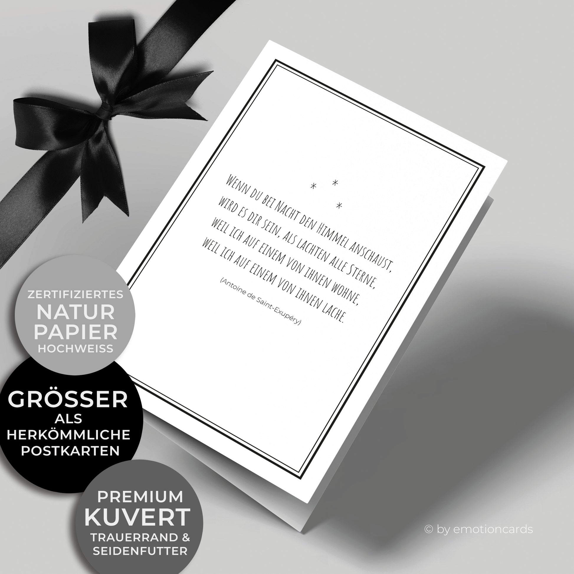 Emotionale Trauerkarte - Klappkarte im Hochformat - mit wunderschönem Zitat aus der kleine Prinz von Antoine de Saint-Exupéry. Feiner eleganter Doppelrahmen um würdevoll Abschied zu nehmen von einem geliebten Menschen.