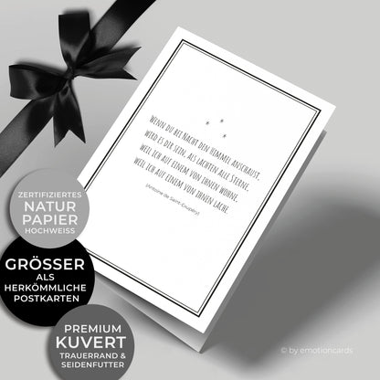 Emotionale Trauerkarte - Klappkarte im Hochformat - mit wunderschönem Zitat aus der kleine Prinz von Antoine de Saint-Exupéry. Feiner eleganter Doppelrahmen um würdevoll Abschied zu nehmen von einem geliebten Menschen.