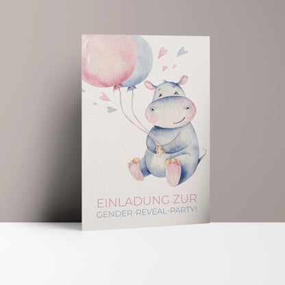 Einladungskarte Gender Reveal Party | Hippo mit Ballon - Textvorlage