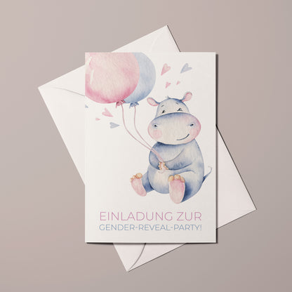 Einladungskarte Gender Reveal Party | Hippo mit Ballon - Textvorlage