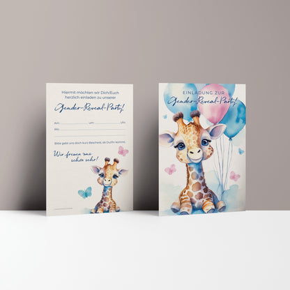 Einladungskarte Gender Reveal Party | Baby Giraffe mit Ballons - Textvorlage