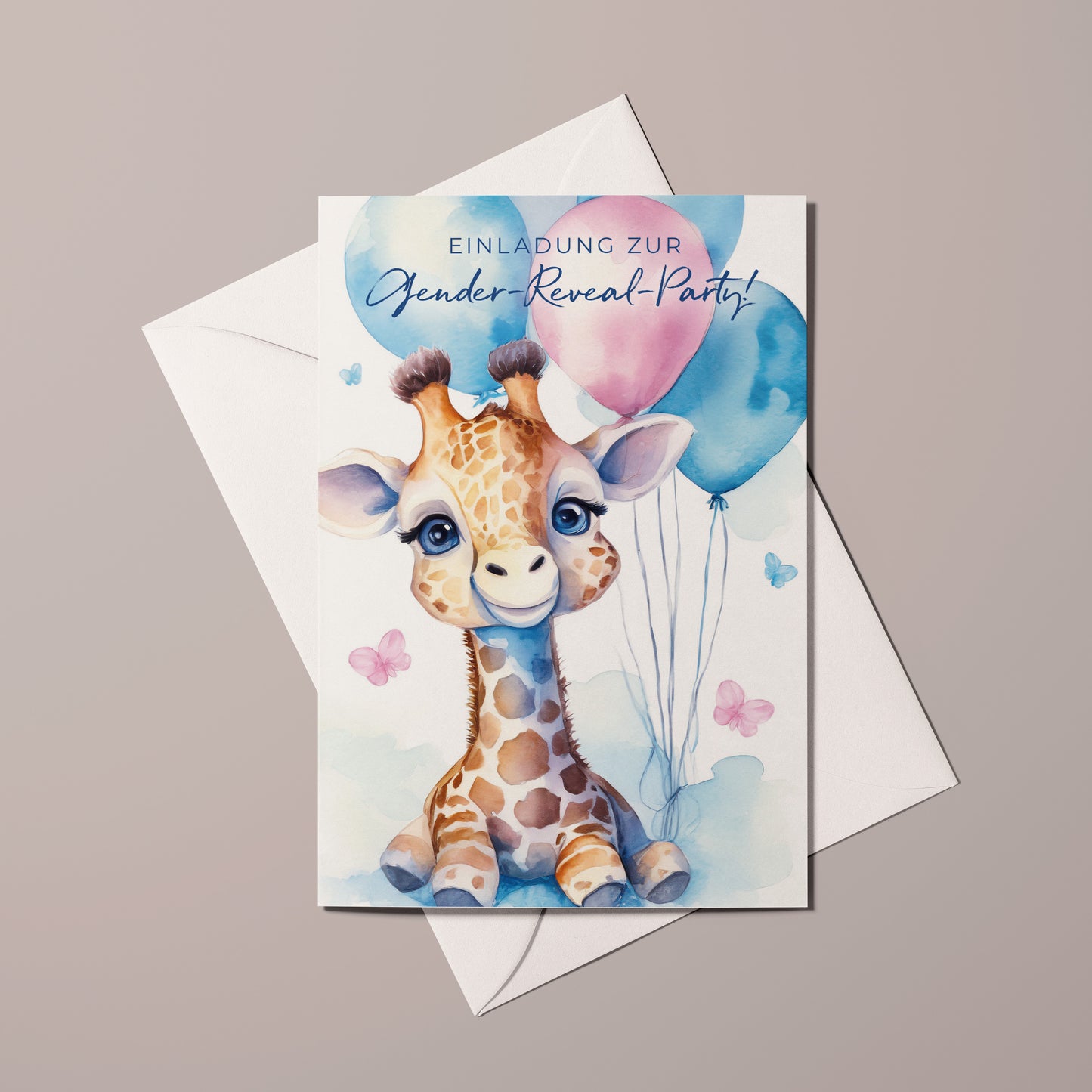 Einladungskarte Gender Reveal Party | Baby Giraffe mit Ballons - Textvorlage
