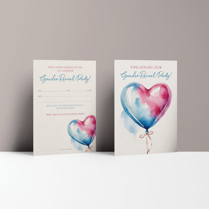 Einladungskarte Gender Reveal Party | Herzballon rosa & blau - Textvorlage