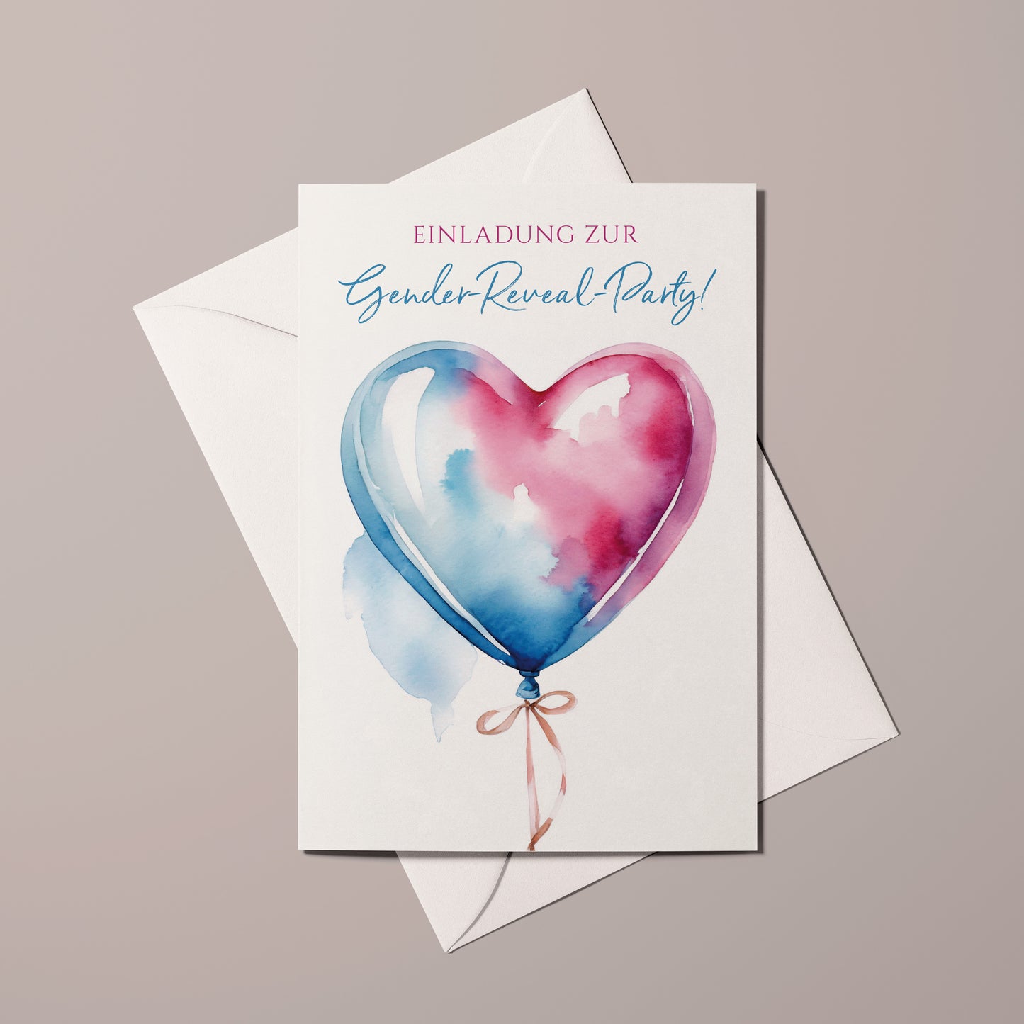 Einladungskarte Gender Reveal Party | Herzballon rosa & blau - Textvorlage
