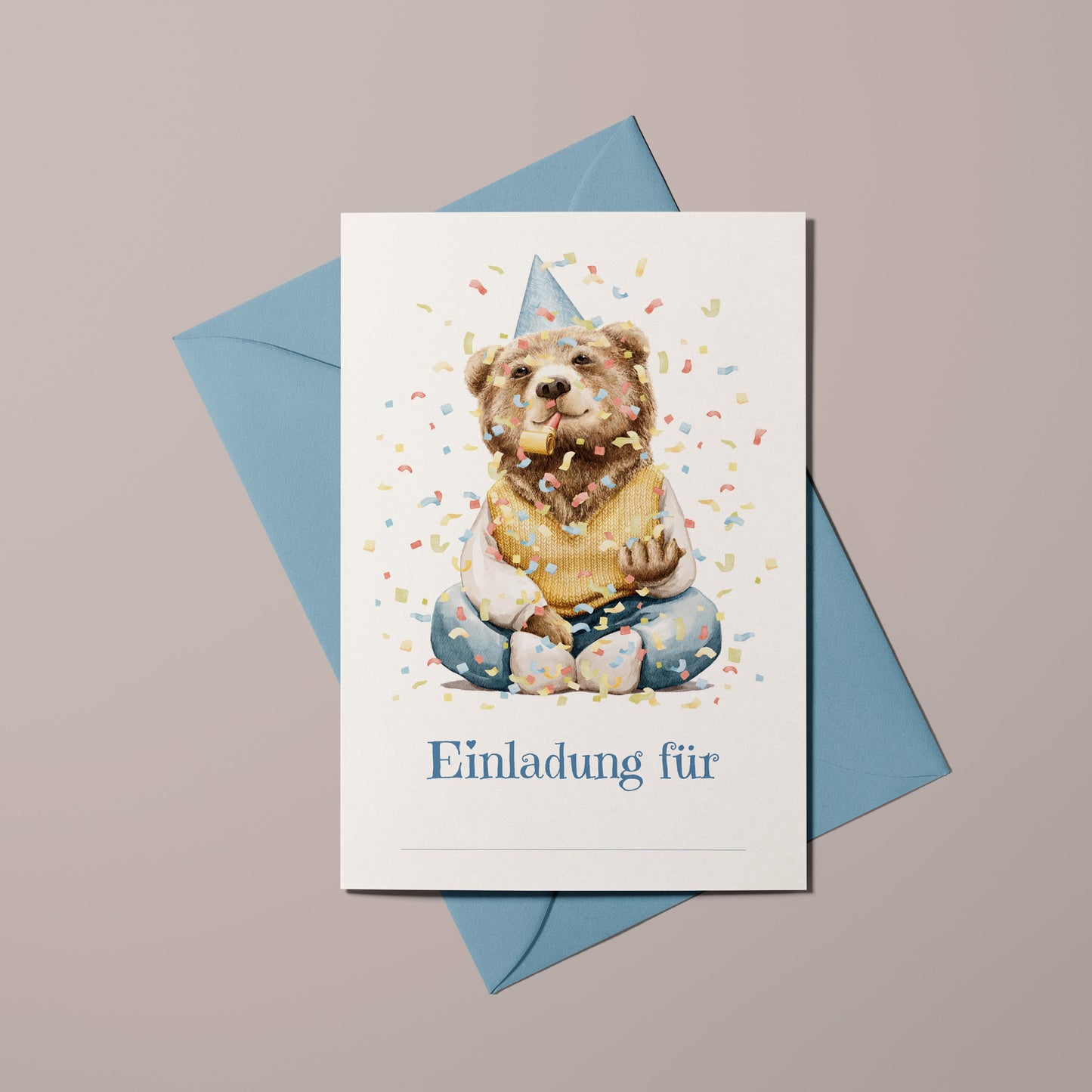 5x/10x Einladungskarten zum Kindergeburtstag | Süßer Bär mit Partyhut | Premium-Karton | Große Karte (115mm x 170mm)