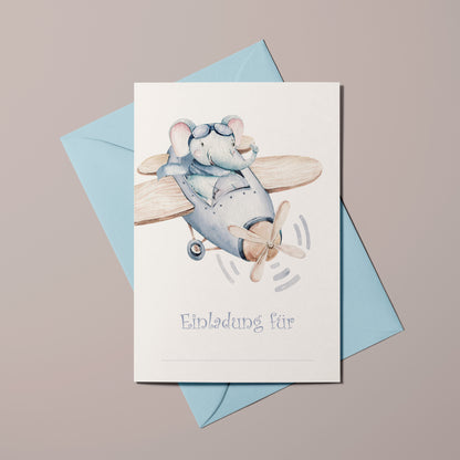 5x/10x Einladungskarten zum Kindergeburtstag | Süßer Elefant im Flugzeug | Premium-Karton | Große Karte (115mm x 170mm)