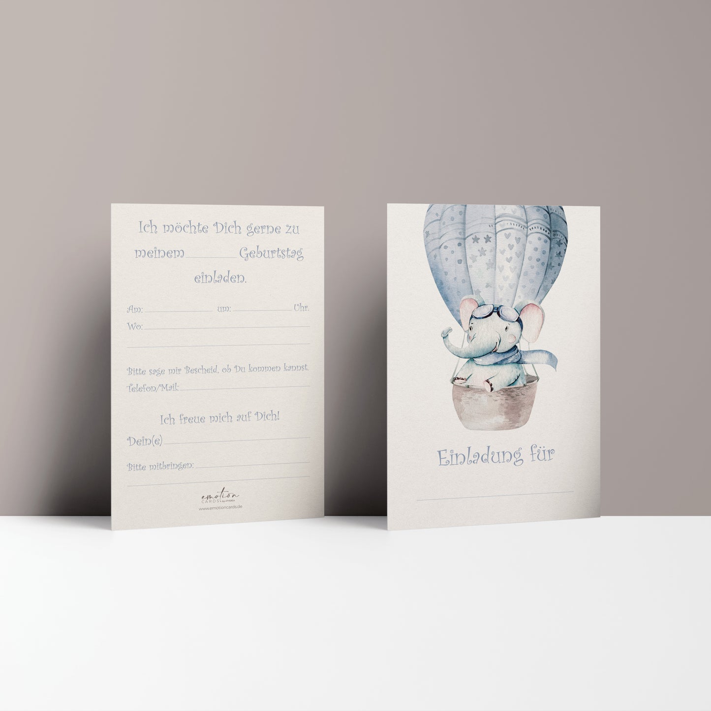 5x/10x Einladungskarten zum Kindergeburtstag | Süßer Elefant im Heißluftballon | Premium-Karton | Große Karte (115mm x 170mm)