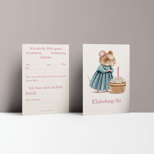 Einladungskarten Set Kindergeburtstag | Süße Maus mit Muffin
