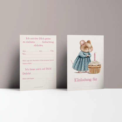 5x/10x Einladungskarten zum Kindergeburtstag | Süße Maus mit Muffin | Premium-Karton | Große Karte (115mm x 170mm)