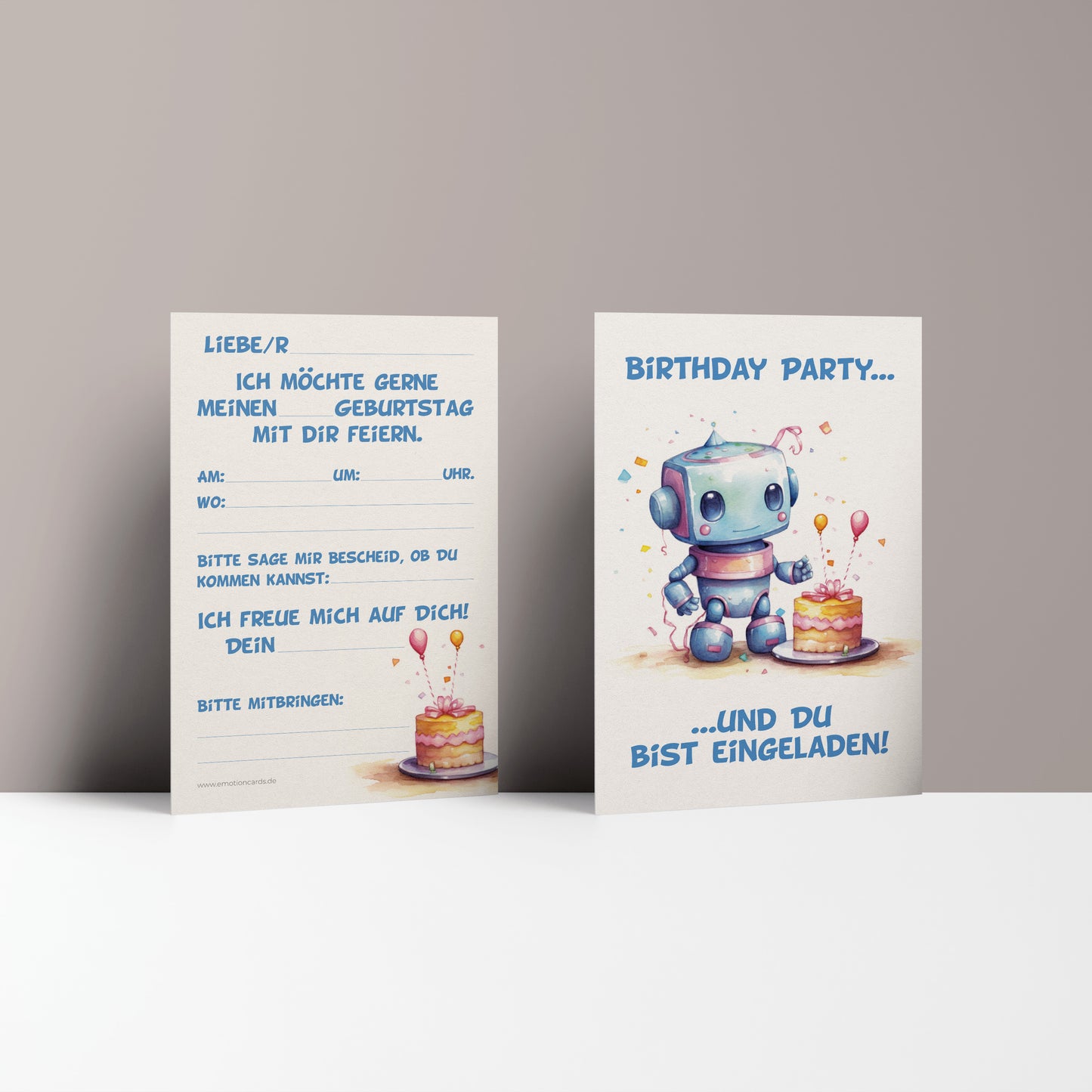5x/10x Einladungskarten zum Kindergeburtstag | Für Jungs | Roboter mit Kuchen | Premium-Karton | Große Karte (115mm x 170mm)