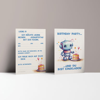5x/10x Einladungskarten zum Kindergeburtstag | Für Jungs | Roboter mit Kuchen | Premium-Karton | Große Karte (115mm x 170mm)