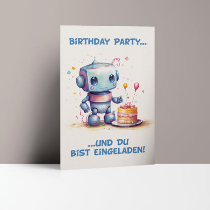 5x/10x Einladungskarten zum Kindergeburtstag | Für Jungs | Roboter mit Kuchen | Premium-Karton | Große Karte (115mm x 170mm)