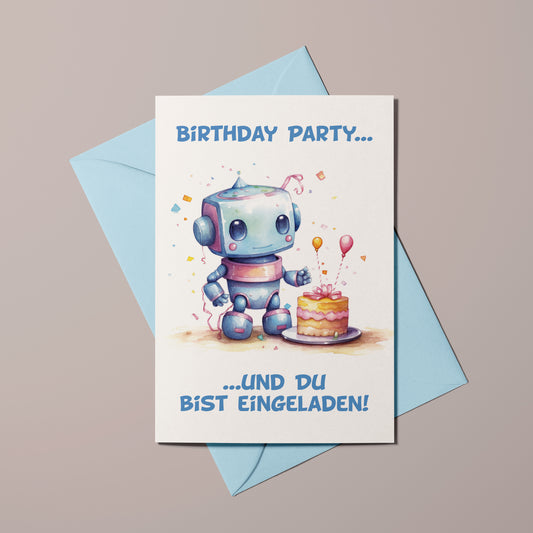 Einladungskarte zum Kindergeburtstag für Jungen mit Roboter-Motiv inklusive passendem hellblauen Kuvert