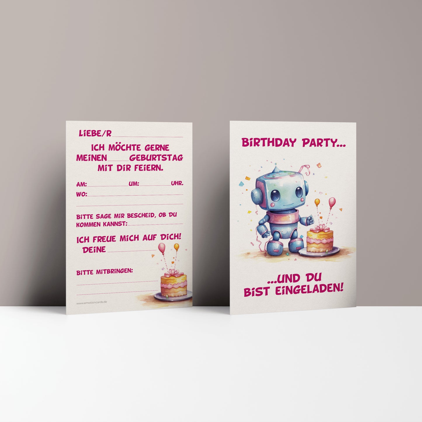 5x/10x Einladungskarten zum Kindergeburtstag | Für Mädchen | Roboter mit Kuchen | Premium-Karton | Große Karte (115mm x 170mm) (Kopie)
