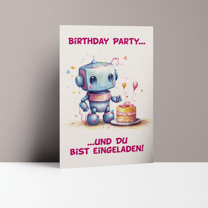 5x/10x Einladungskarten zum Kindergeburtstag | Für Mädchen | Roboter mit Kuchen | Premium-Karton | Große Karte (115mm x 170mm) (Kopie)