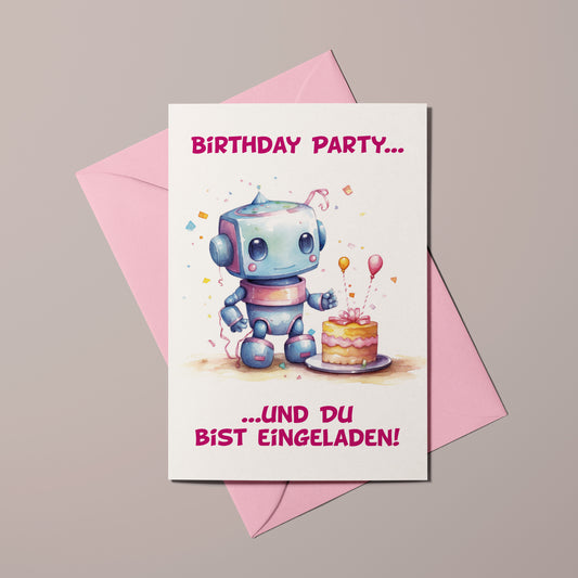 Einladungskarte zum Kindergeburtstag für Mädchen mit Roboter-Motiv inklusive passendem rosa Kuvert