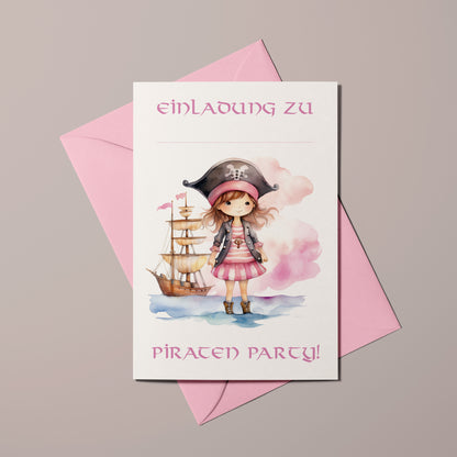 5x/10x Einladungskarten zum Kindergeburtstag | Piratenparty für Mädchen | Premium-Karton | Große Karte (115mm x 170mm)