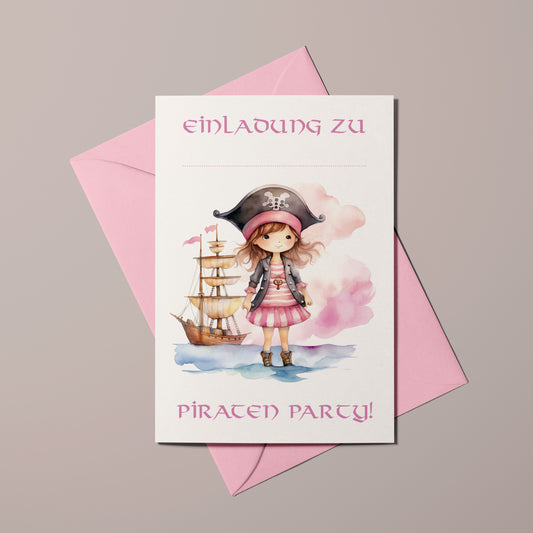 Einladungskarte zum Kindergeburtstag für Mädchen mit Piratin- und Piratenschiff-Motiv inklusive passendem rosa Kuvert