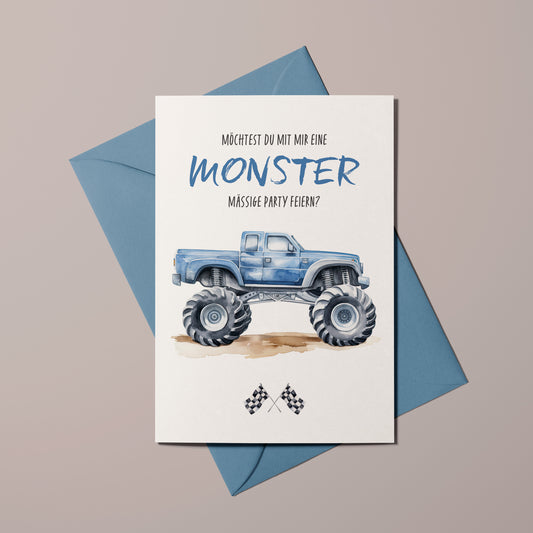 Einladungskarten Kindergeburtstag | Riesen Monstertruckparty | Premium-Karton | Große Karte (115mm x 170mm)