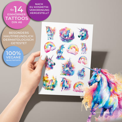 Auf dem Bild ist ein Bogen mit Kindertattoos. Die Tattoos zeigen eine zauberhafte Einhornwelt in einem farbenfrohen Aquarellstil. Die Motive umfassen: Verschiedene Einhörner in verspielten Posen, Regenbögen mit rosa Wolken, Ein märchenhaftes Schloss, Traumhafte Landschaften in leuchtenden Regenbogenfarben. Der Stil ist märchenhaft, bunt und fantasievoll – ideal für Kinder, die Einhörner und Regenbögen lieben.