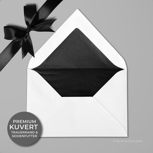 Edles und elegantes Trauerkuvert, mit feinem schwarzen Rahmen auf der Vorderseite, spitzer Klappe zum verschließen und Innen mit schwarzem Seidenfutter gefüttert. Format B6 in 175 mm x 120 mm, hergestellt aus hochwertigem 120 Gramm Papier.