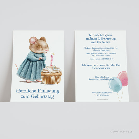 Einladungskarte zum Kindergeburtstag | Partymaus bläst Kerze auf Cupcake aus