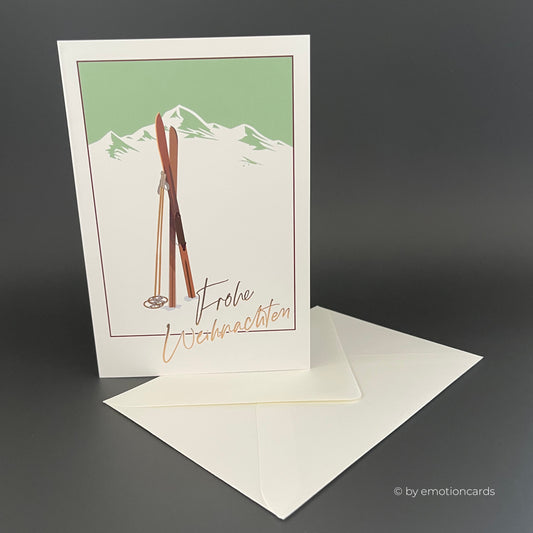 Retro Weihnachtskarte Heißfolie rosé | Skier Alpin-Style St. Moritz 70er