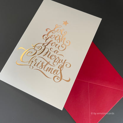 Weihnachtskarte Heißfolie rosé | Weihnachtsbaum aus Text