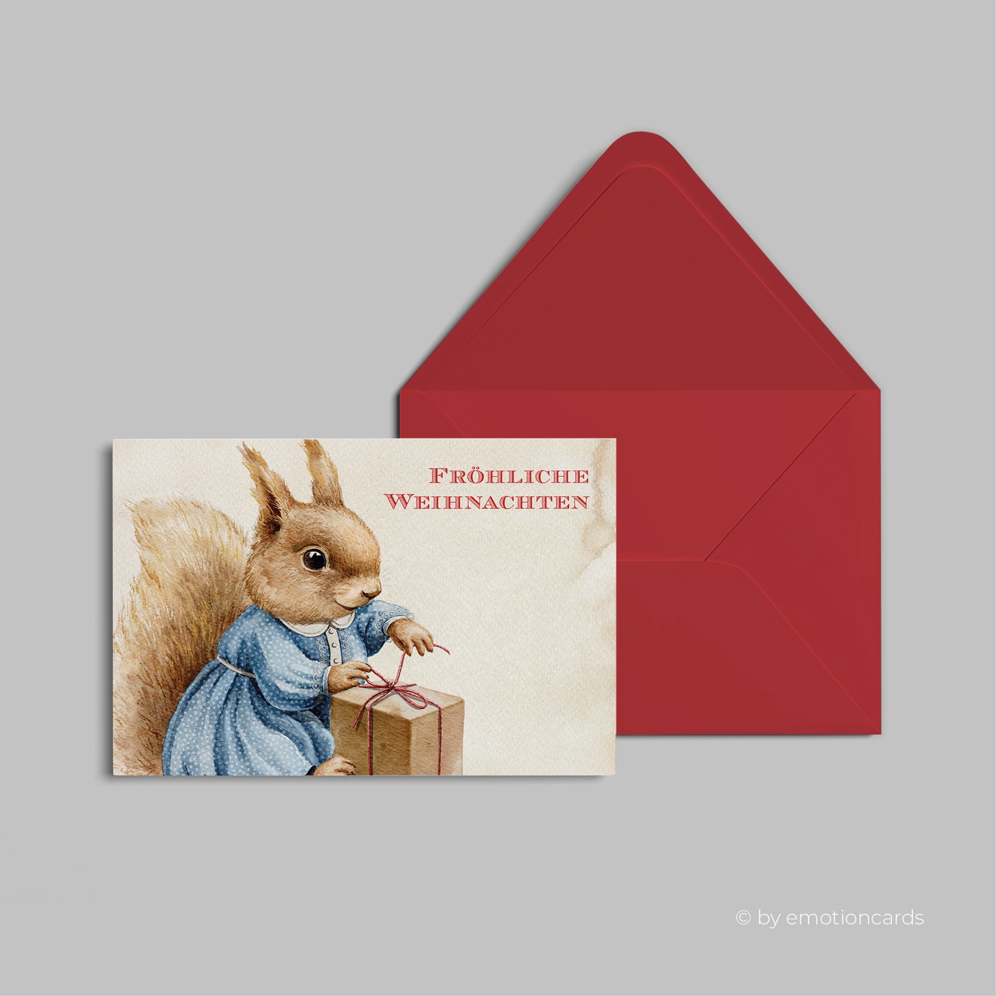 Weihnachtskarte | Baby Eichhörnchen packt Geschenk aus CloseUp