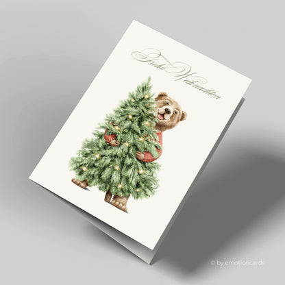 Weihnachtskarte | Fröhlicher Bär mit Weihnachtsbaum