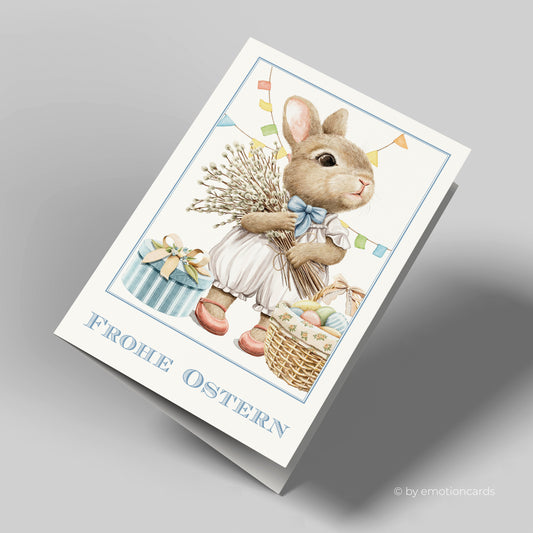 Osterkarte | Baby Osterhase mit Weidekätzchen und Geschenken