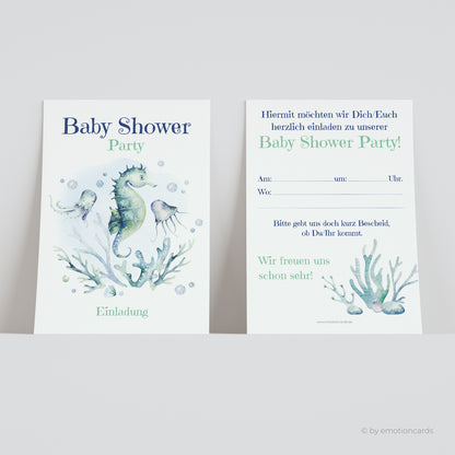 Einladungskarten zur Baby Shower Party, Süßes kleines Seepferdchen Unterwasser mit Korallen