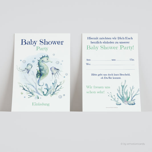 Einladungskarte Baby Shower Party | Süßes Seepferdchen blau grün