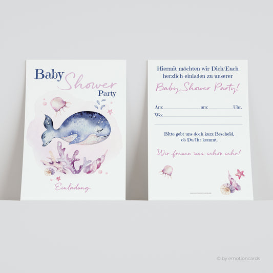 Einladungskarte Baby Shower Party | Süßer Baby Wal rosa