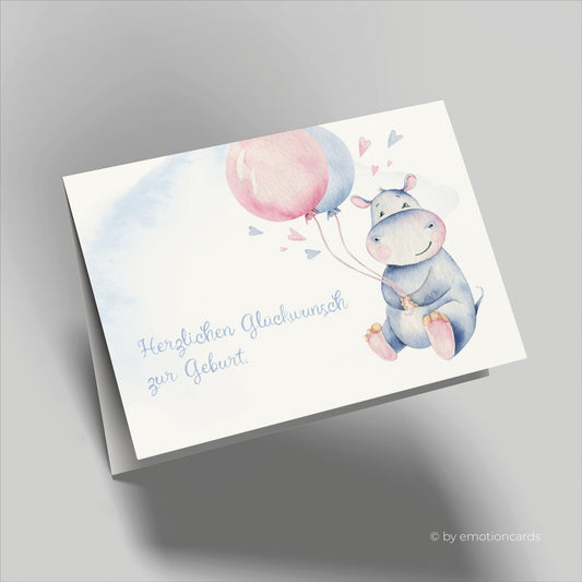 Geburtskarte | Happy Hippo mit 2 Ballons und Herzen