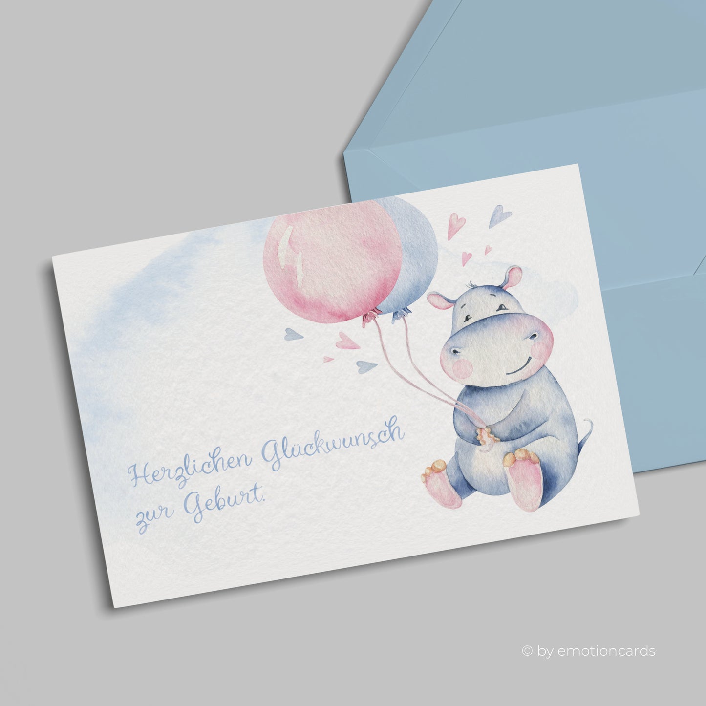 Geburtskarte | Happy Hippo mit 2 Ballons und Herzen